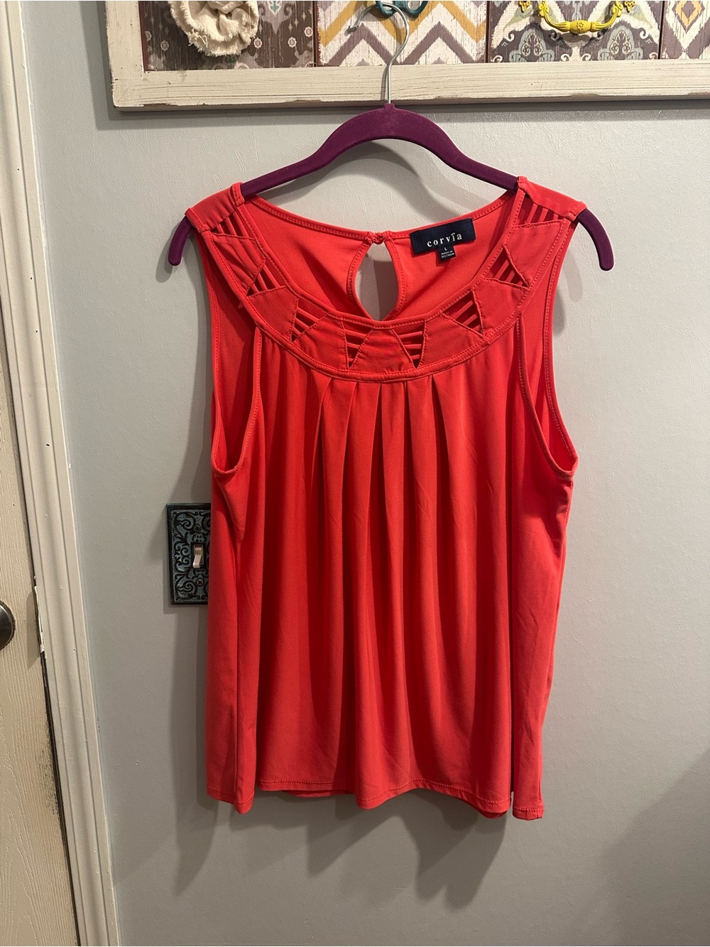 Corvia Coral Sleeveless Pleated Yoke Tank